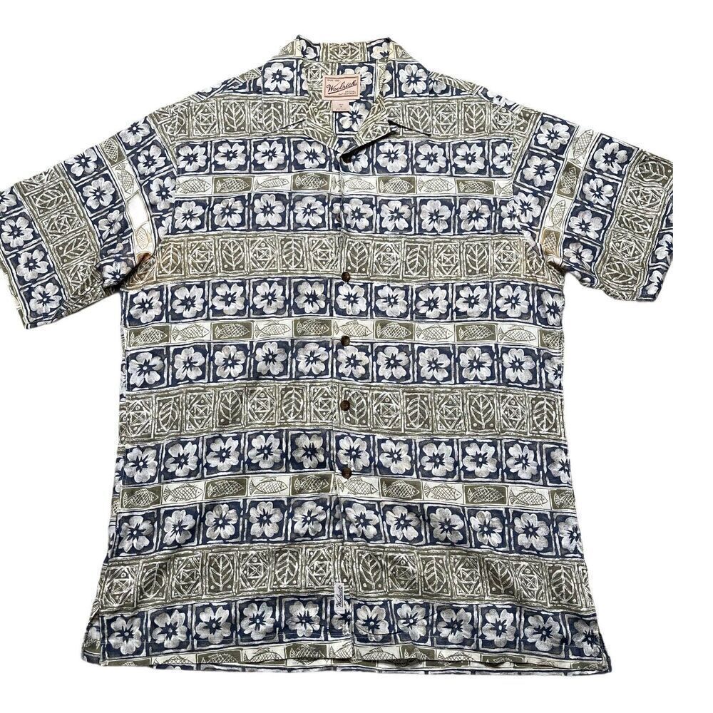 Woolrich Shirt Adult Extra Medium Green Blue Floral Hawaiian Short Sleeve Mens